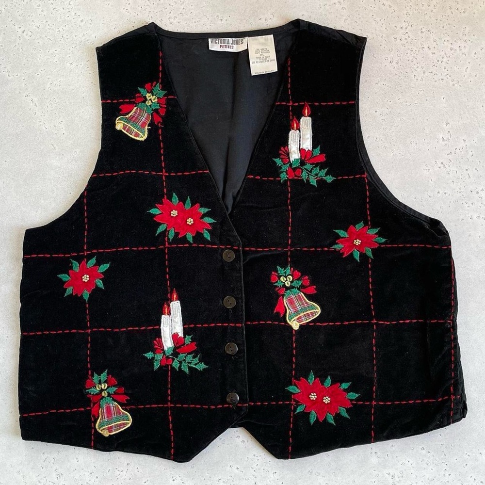 Vintage Victoria Jones Petites Black Velvet Embroidered Christmas Holiday Vest